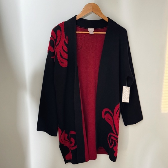 NWT Chicos Cardigan Open Front Longer Length Black Red Textured Scroll Pattern 2 - Picture 5 of 16